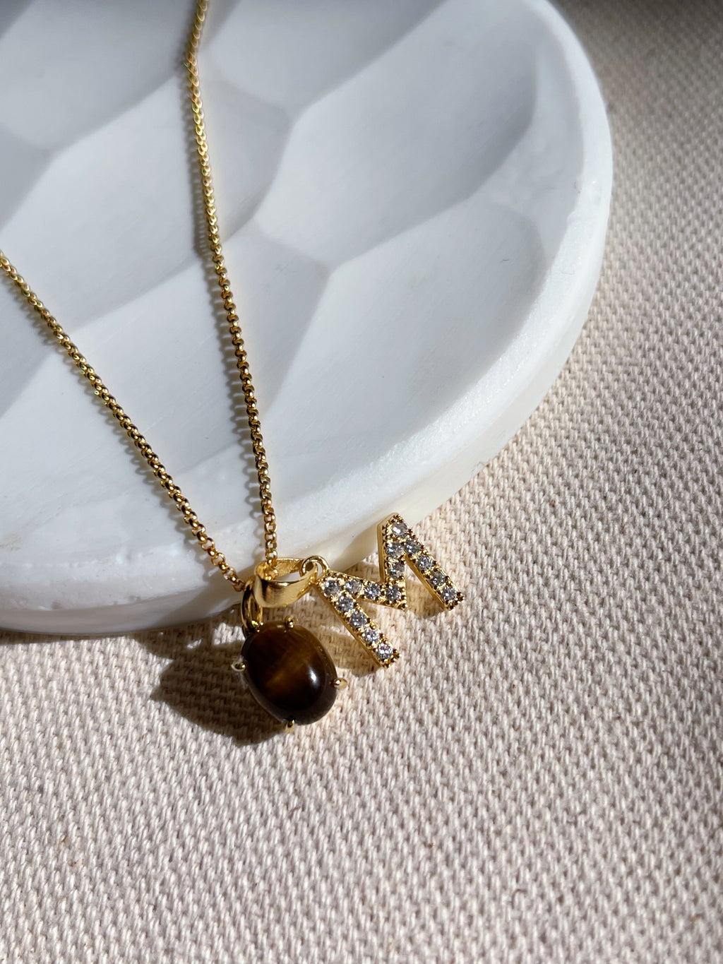 Dainty Tiger Eye Crystal Initial Necklace