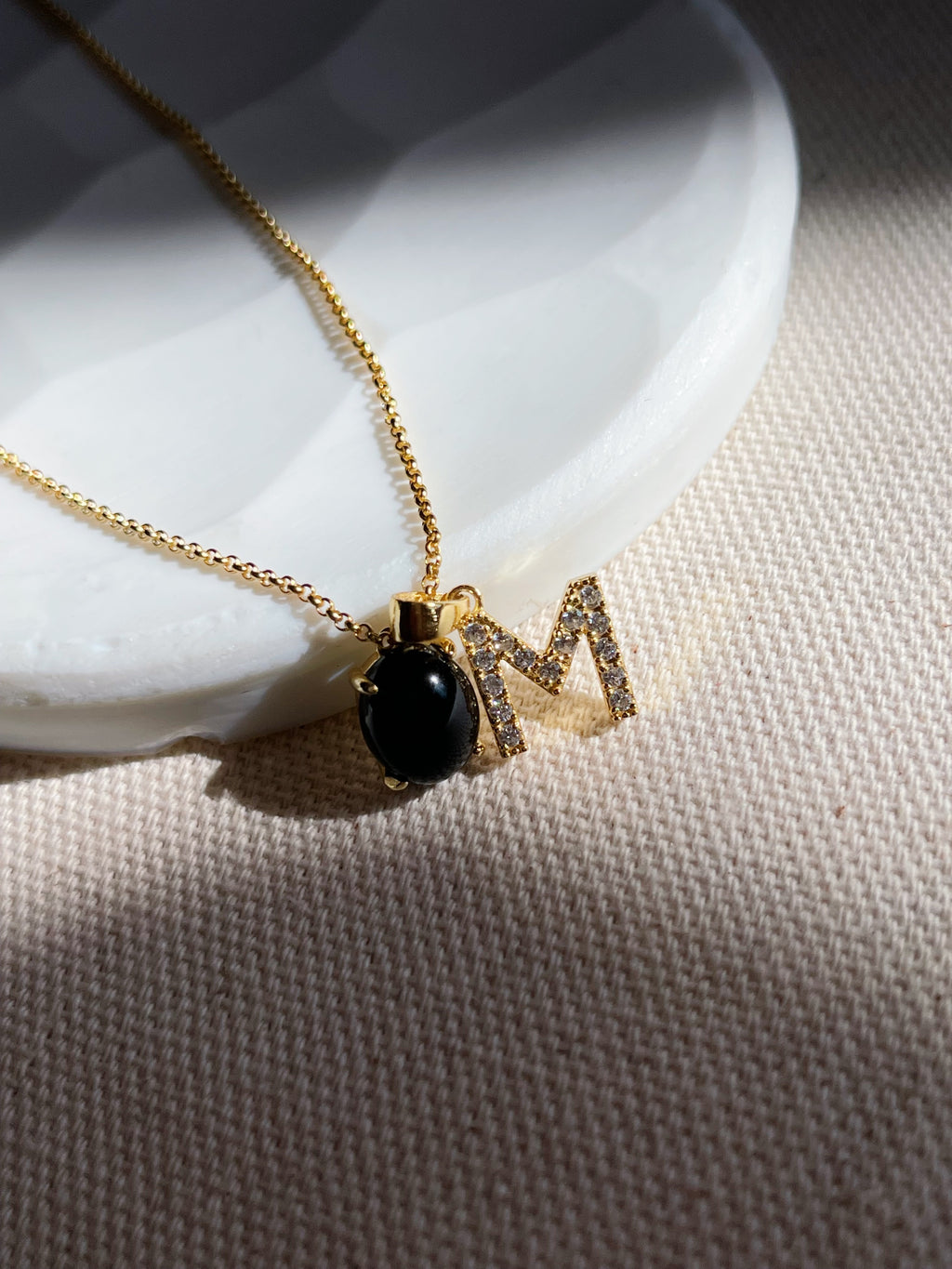 Dainty Black Onyx Crystal Initial Necklace